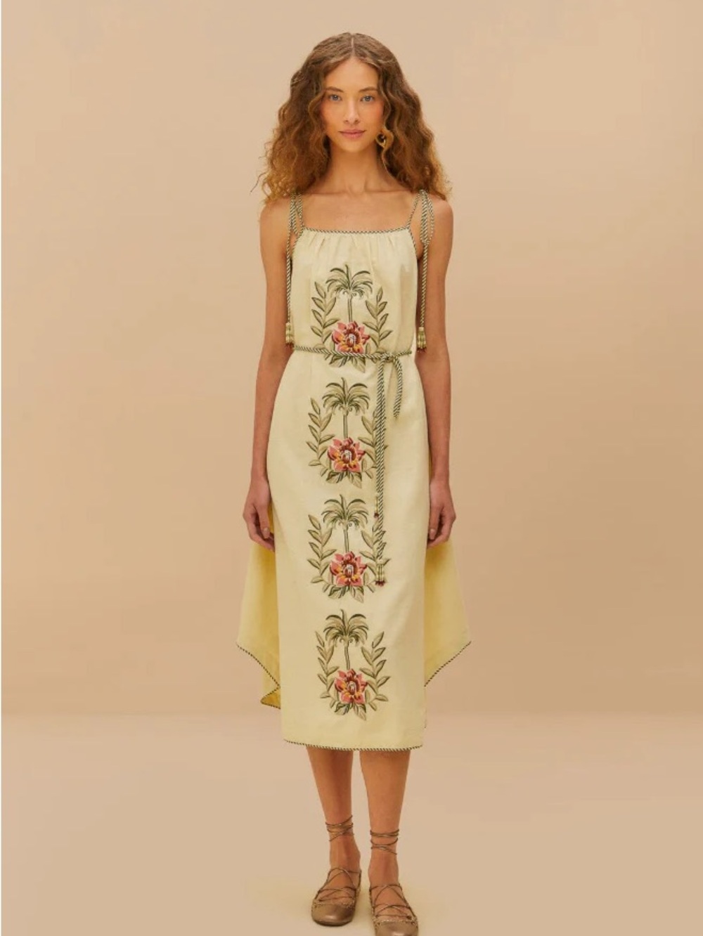 FARM Rio Yellow Floral High-Low Embroidered Dress